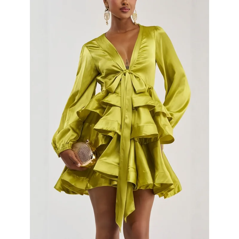 Women's Dress Autumn New European And American Style Design Sense Streamer Bow Tie Multi-level Cake Skirt Long Sleeve Dress