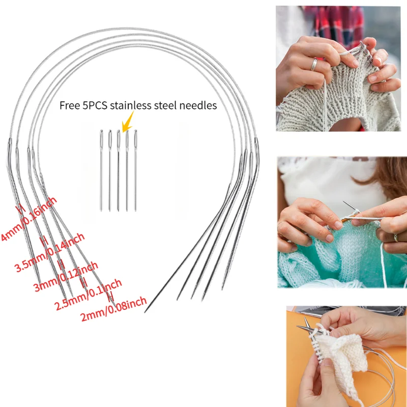 5-Piece Circular Knitting Needle Set, Sizes Include 2/2.5/3/3.5/4mm, Paired with 5 Stainless Steel Hand Sewing Needles, Available in Lengths of 40-120cm to Meet Different Knitting Needs, Suitable for Knitting Scarves,