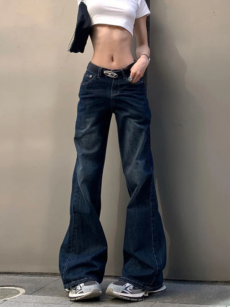 Kobiety Klasyczne Gyaru Japońskie Jeansy Harajuku Y2K Streetwear Low Rise Flare Denim Pants 2000s Vintage Bell-Bottom Trousers Kpop