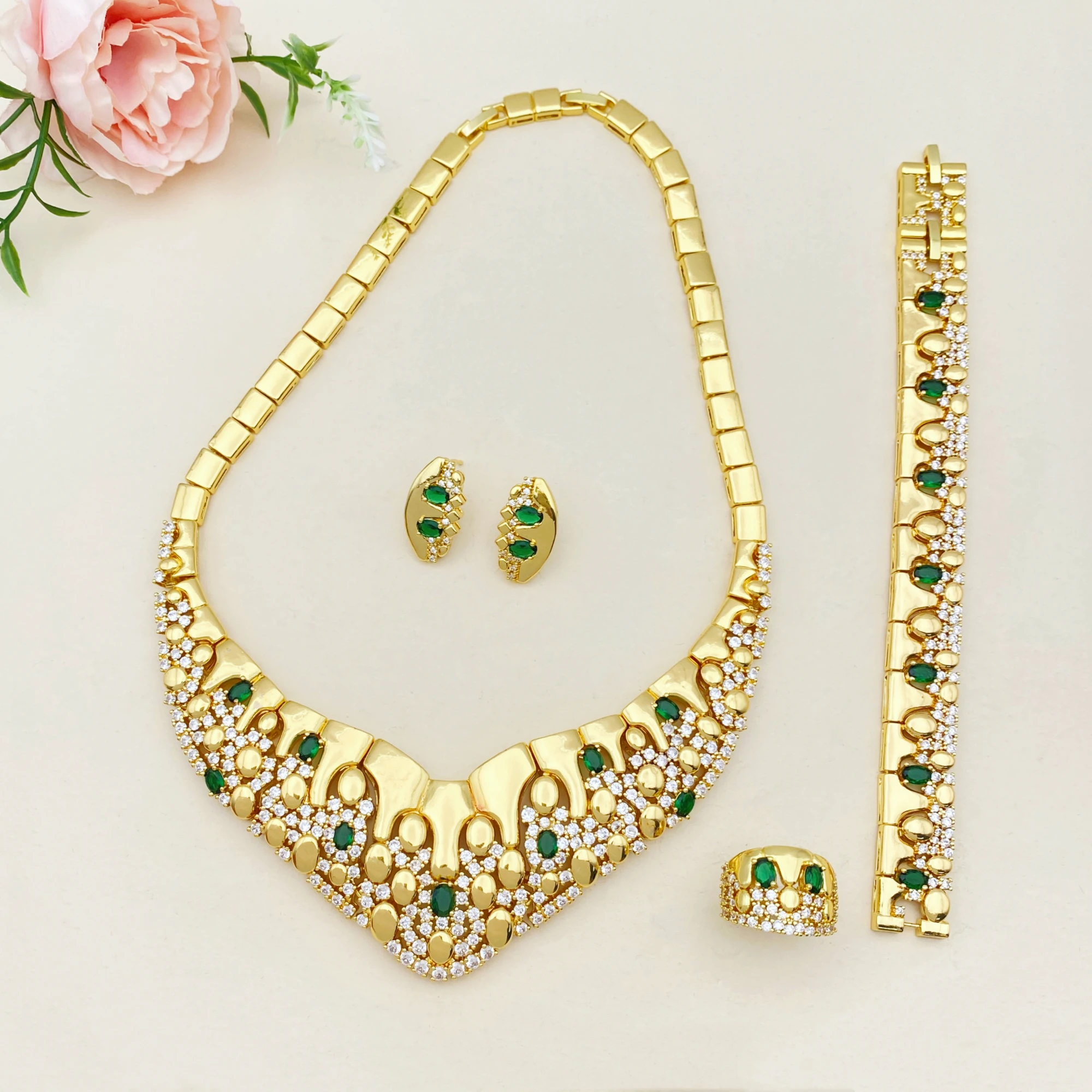 Flora Gold Plated Zirconia Jewelry Set for Women Sparkling Necklace Earrings Bracelet Ring Combo Perfect Party Gift