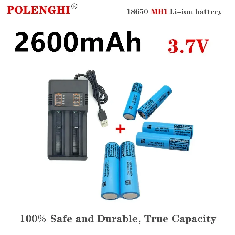 100% actual capacity INR 18650 MH1 3.7V 2600mAh, 18650 flat top rechargeable multifunctional lithium battery+USB charger