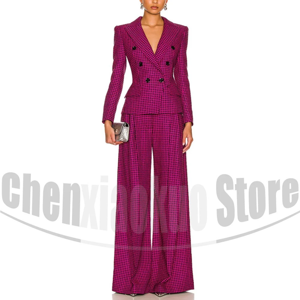 Women's Houndstooth Suit Set Fashion Peak Lapel Double Breasted Outfit Evening Party Wedding Prom Elegant Pants Suits 2 Piece