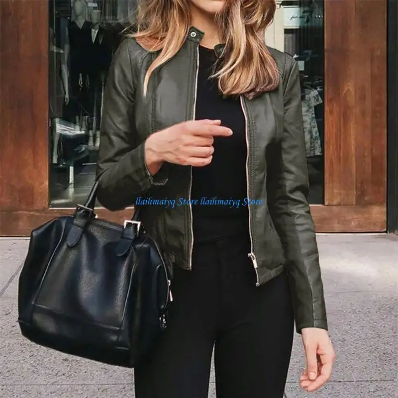 

573B женские куртки из искусственной кожи, укороченная мотоциклетная куртка из искусственной кожи, тонкий воротник-стойка, топы