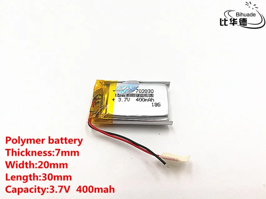 100pcs/lot Good Qulity 3.7V,400mAH,702030 Polymer lithium battery for GPS,mp3,mp4