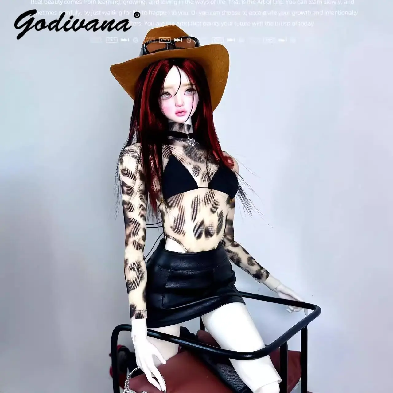 1/3 1/4 BJD Doll Outfit Vintage Leopard Print Sheer Mesh Long Sleeve Bodysuit Y2K Style Turtleneck Doll Clothes for 1/4 BJD Doll