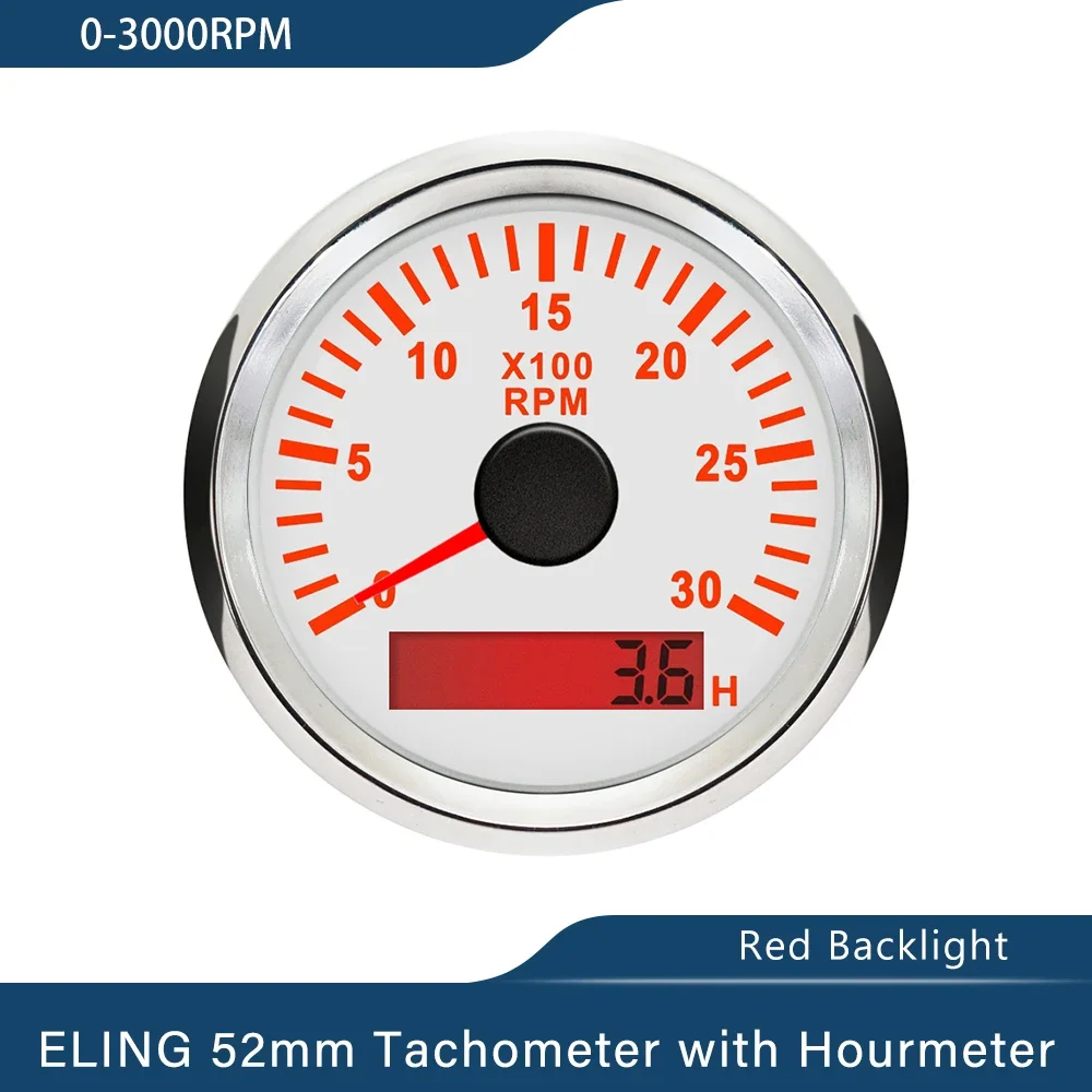 ELING Car Boat Yacht Universal 52mm Tachometer RPM Gauge 0-3000RPM 0-4000RPM 0-6000RPM 0-8000RPM with Red Backlight 9-32V