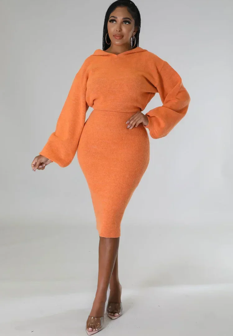 

GUWU Rib Knit Long Sleeve Hooded Dresses Bodycon Midi Sweater Soild Women Dress Fall Winter Vestidos Wool White Casual Street