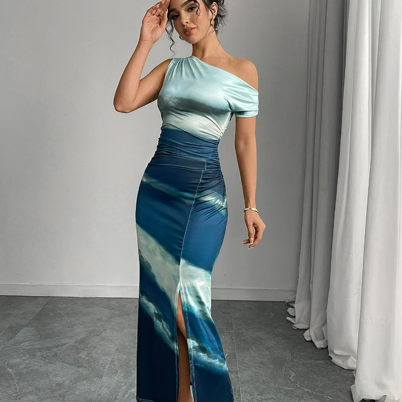 Summer New Fashion European American Sexy Hot Girl Style Sleeveless Dress Off-the-shoulder Printed Slim One-step Dress for Women