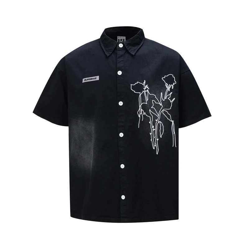 

Black Brown Embroidery Flower Stitch Short Sleeve Shirt Washed Loose Chest Rubber Tag Shirt Men Women Casual Summer Daily Shirt