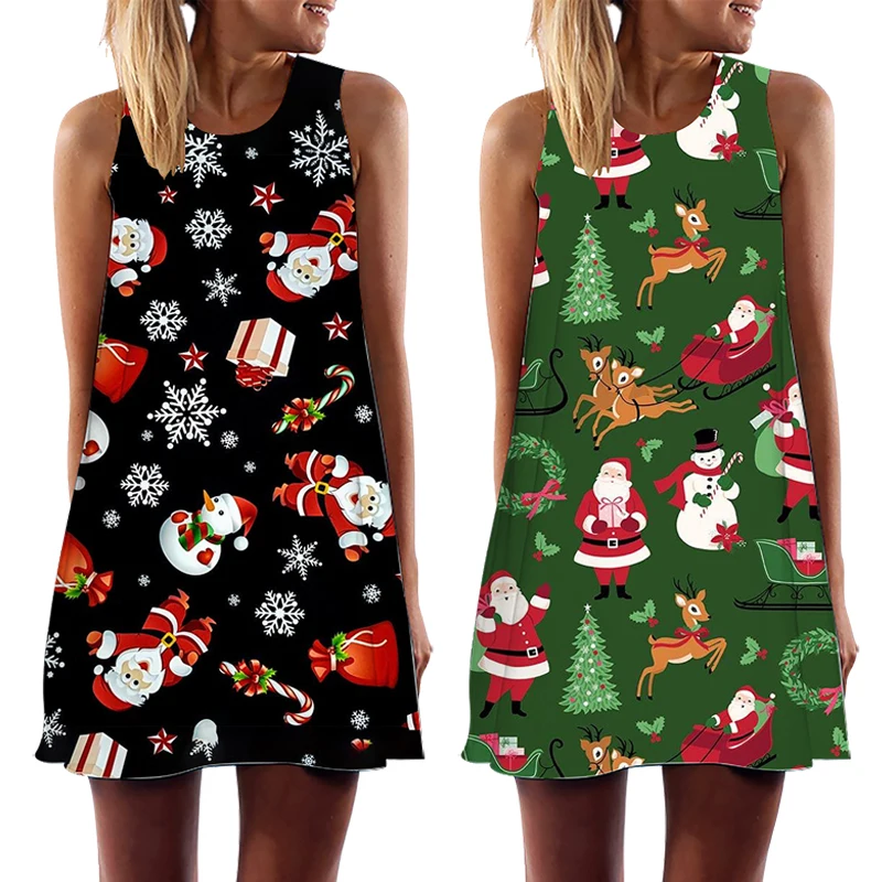 

Christmas Snowflake Print Women's Dress Santa Claus Sleeveless Dresses Snowman Midi Dress for Female Loose-fitting Vestidos Elk