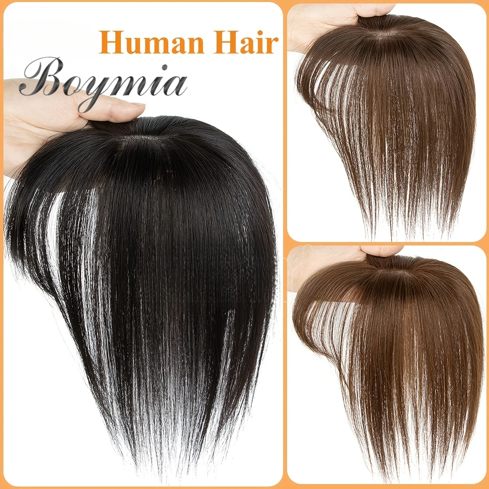 Real Human Hair Topper 8-14 Inches Clip-In Hair Toppers with Bangs, Black And Brown Colors, Natural Straight Hair for Women Covering White Hair, Add Hair Volume, Hair Toppers with Bangs, Invisible Hair