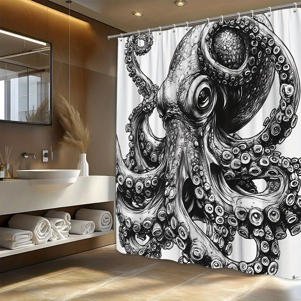 1pc Black & White Ink Octopus Shower Curtain - Realistic Cartoon Style with Massive Tentacles & Intricate Patterns