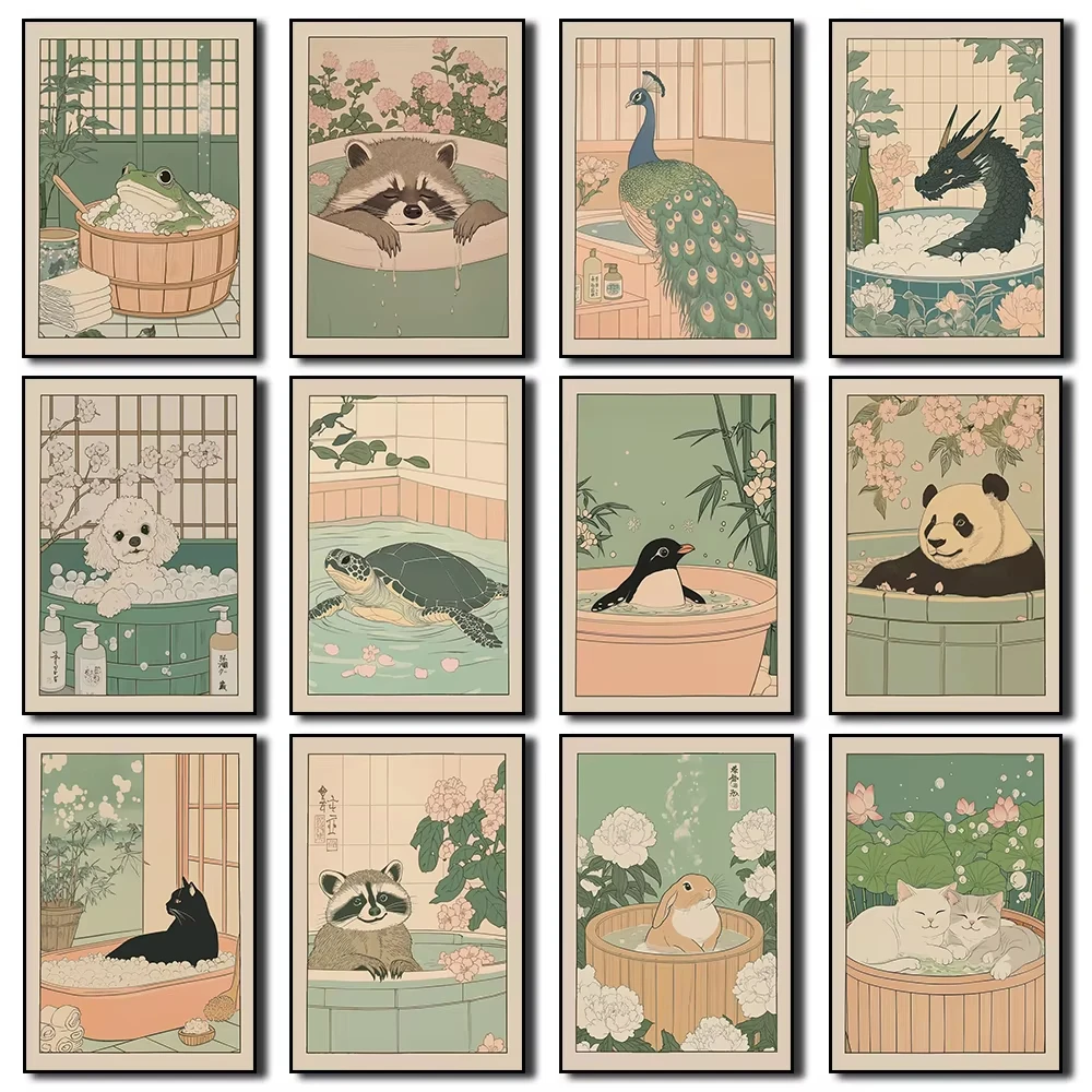 Póster artístico de baño japonés, animales lindos en la bañera, pintura decorativa impresa en lienzo, utilizado para decoración del baño, sin marco