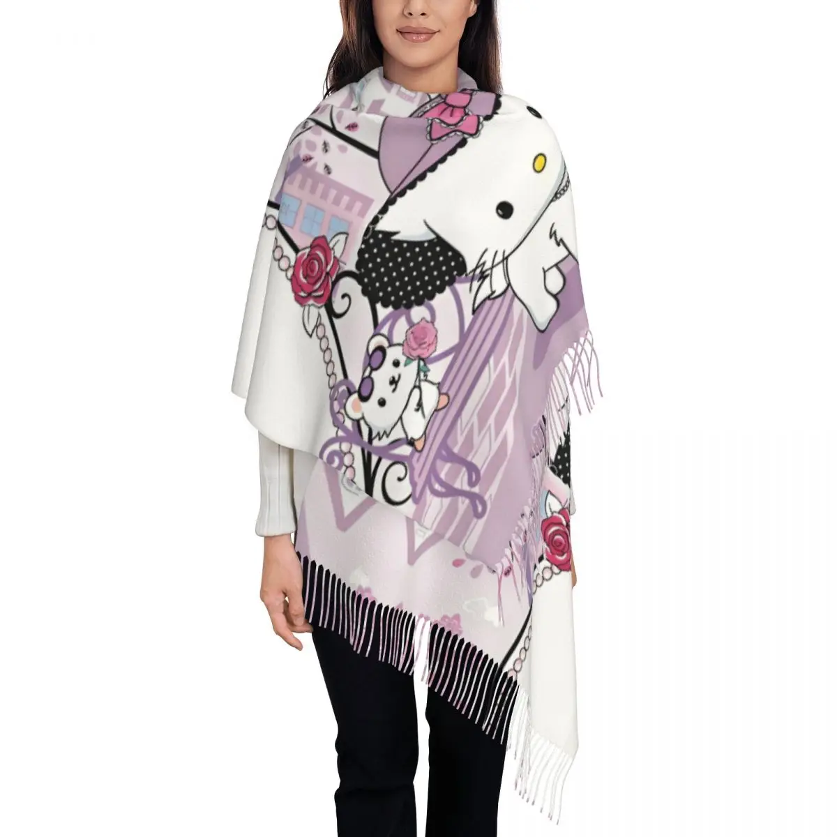 

Custom Female Large Cartoon Sanrio Charmmy Kitty Scarves Women Winter Thick Warm Tassel Shawl Wrap Anime Kawaii Scarf