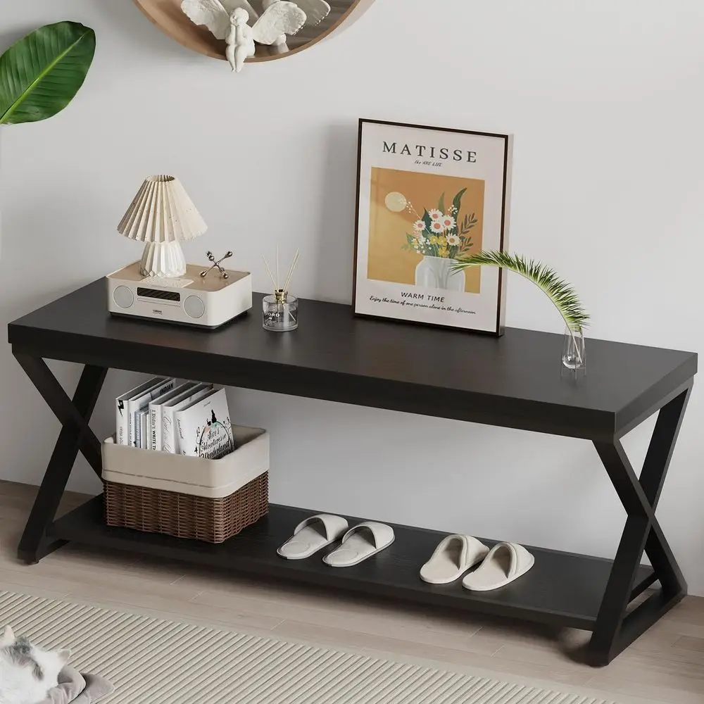 Contemporary Black Oak Entry Bench with Storage, 47 Long for Foyer, Hallway, and Living Spaces