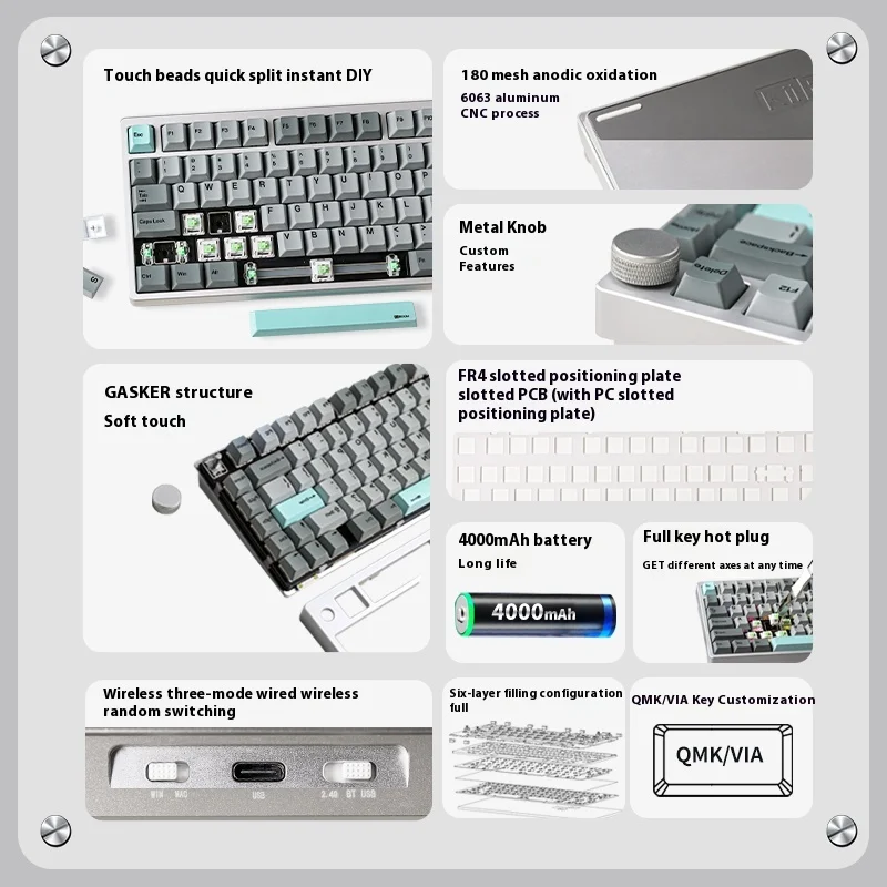KiiBOOM Moonshadow V2 Customized Mechanical Keyboard 81 Keys Layout with Control Knob 180 Mesh CNC Aluminum Shell Quick Release