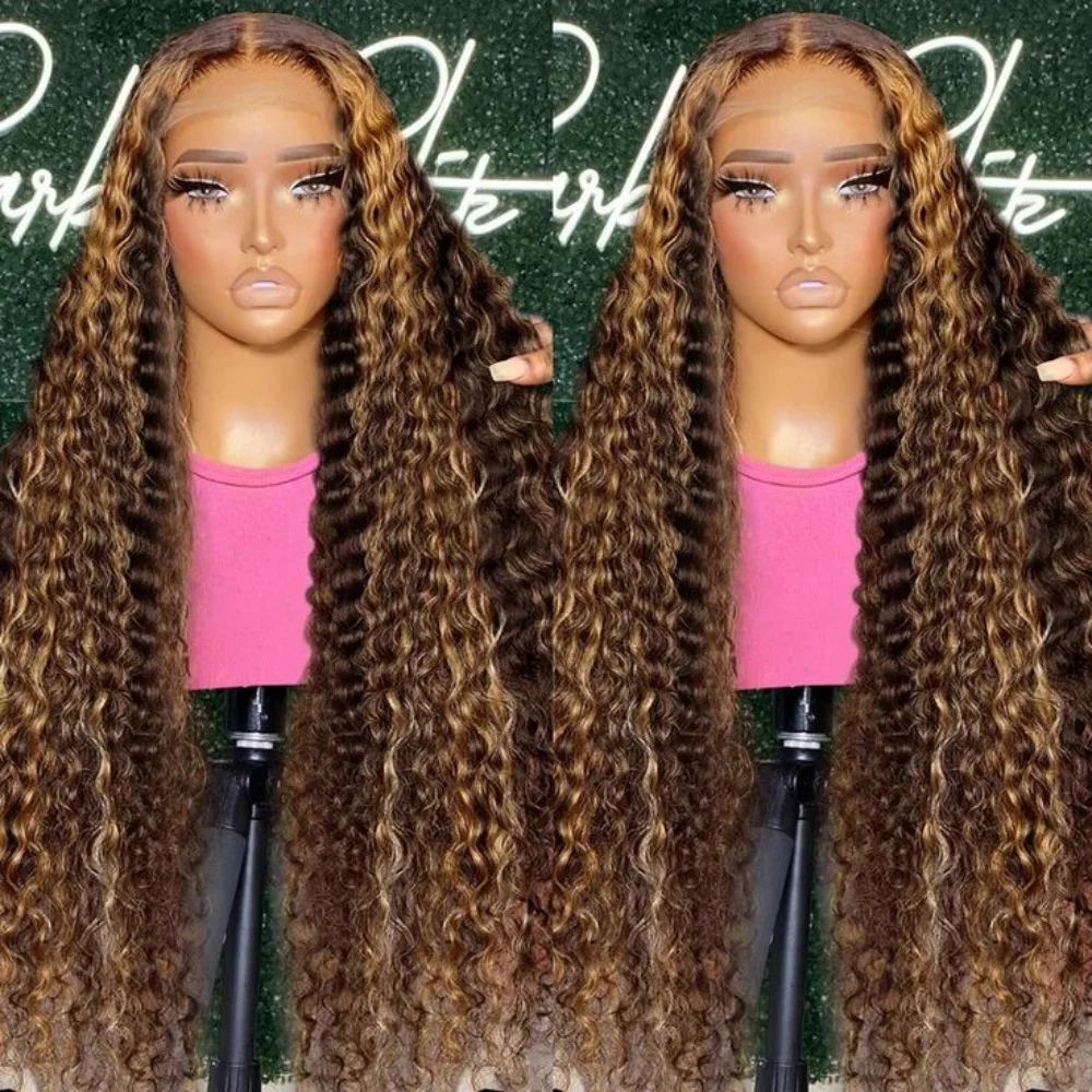 Kinky Curly Lace Front Wig, Destaque Ombre Brown, Peruca Sintética de Renda Frontal, Mel Loiro, Onda Profunda, Peruca Pré Arrancada, 13x4