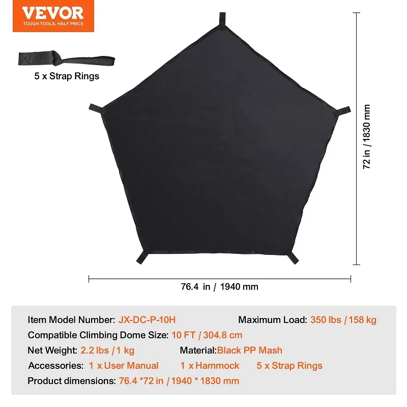 VEVOR Dome Climber Hammock,Climbing Dome Hammock Suitable for 10ft Dome Climbing, Load-Bearing 350 Pounds, Pentagon Jungle Gym H