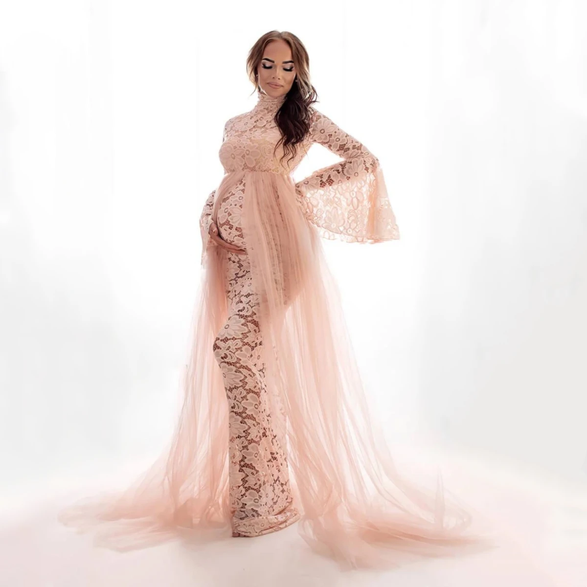 

Lace Bodycon Maternity Photography Props Long Dresses Bell Sleeve Stretchy Pregnancy Photoshoot Maix Dress Tulle Long Train