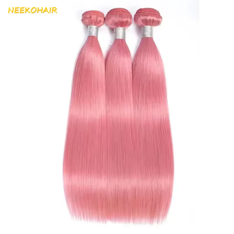 Hellrosa farbige Bundles, gerade Remy, 100 % brasilianisches Echthaar, rosa Bundles mit 13 x 4 Spitzenfront
