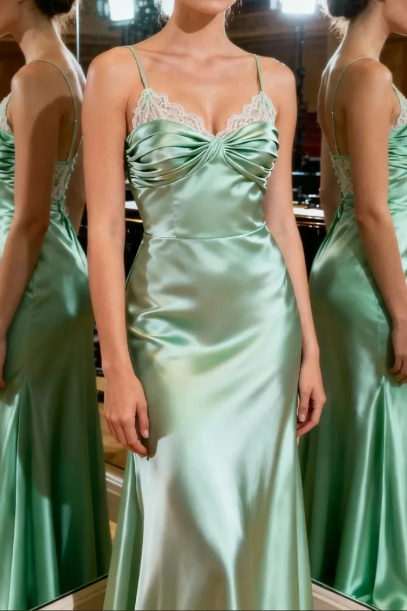 فستان حفلة موسيقية طويل من الساتان باللون الأخضر الحديث لعام 2026 مع ثنيات من فيستدوس دي فييستا أنيقة #1