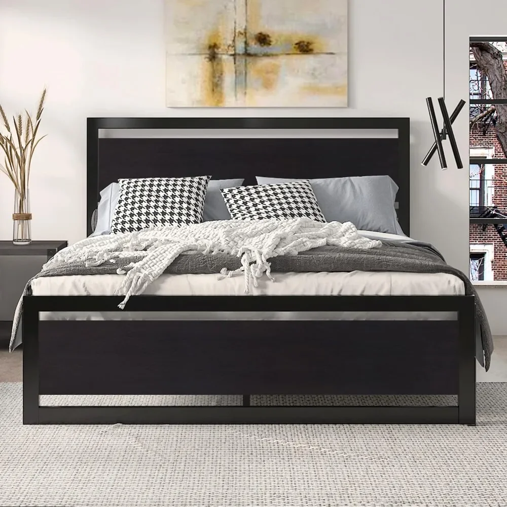 Bed Frame with Modern Wooden Headboard/Heavy Duty Platform Metal Bed Frame with Square Frame Footboard