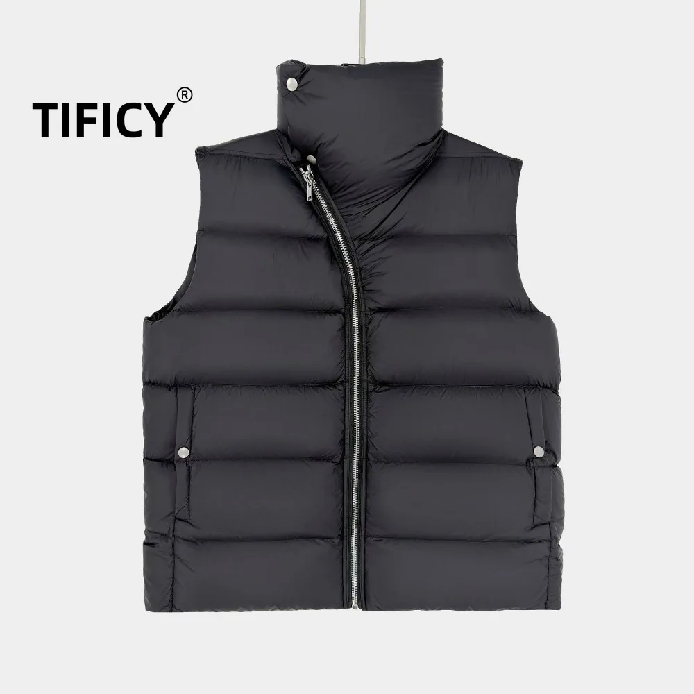 High Street RO Style Down Vest Goose Down Standing Collar High Collar Men's Diagonal Zipper Quilted Asymmetrical Vest Jacket