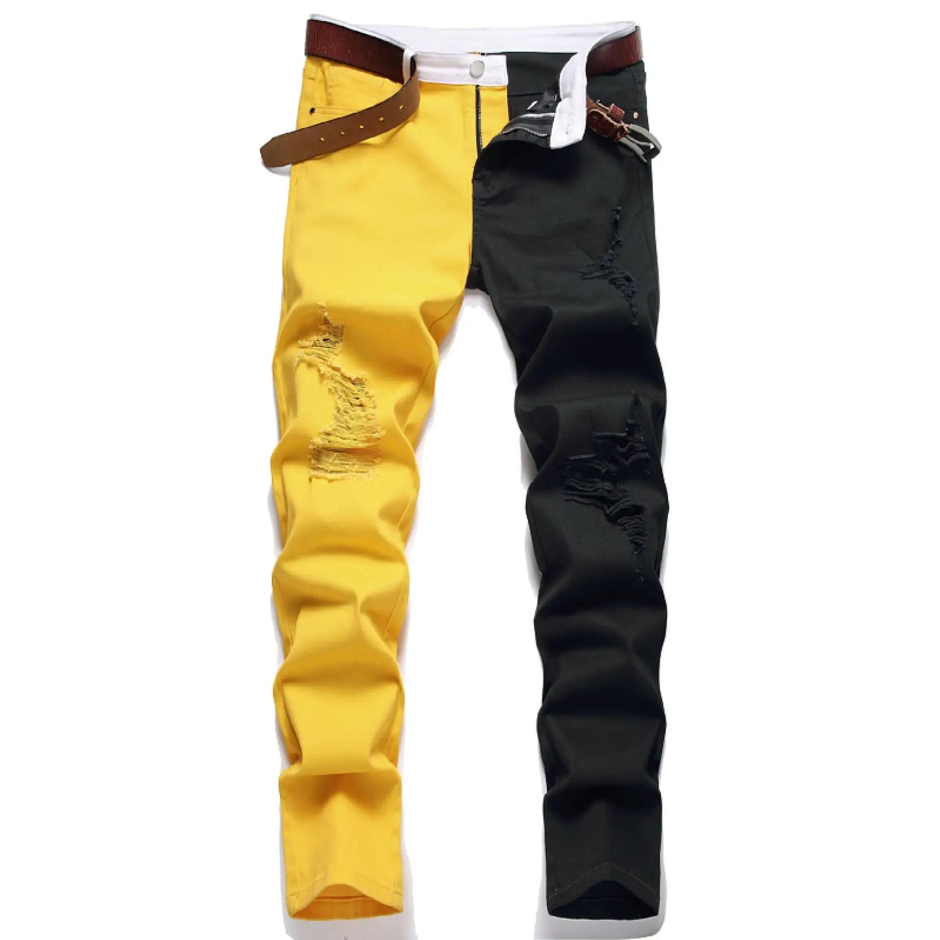 

Autumn New Fashion Mens Y2K Black Yellow Patchwork Jeans Vintage Ripped Holes Skinny Jean Men Denim Goth Pants Pantalon Homme