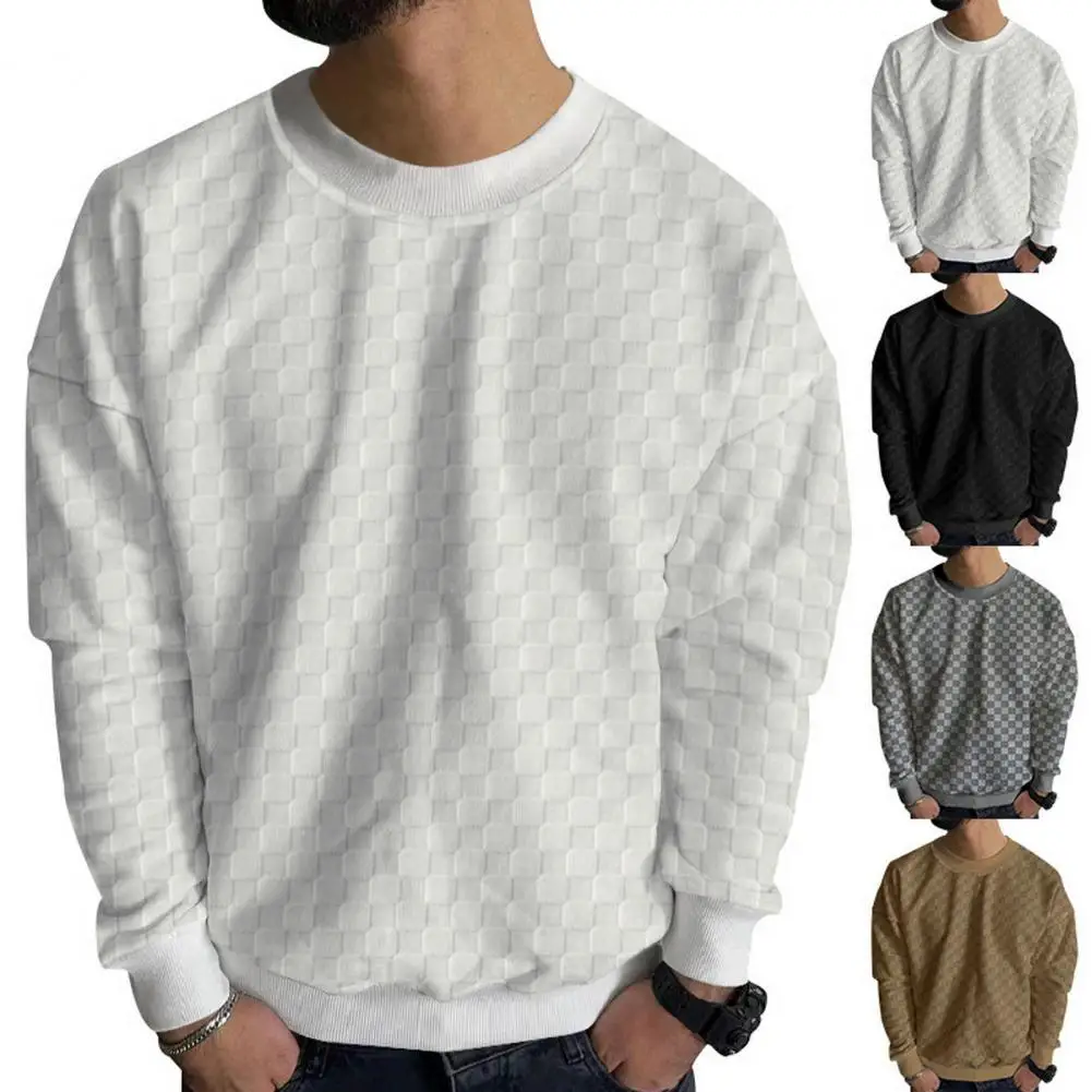 Round Neck Long Sleeve Top Checkered Pattern Men's Long Sleeve Pullover with Elastic Cuff Soft Fabric Fall Spring for Men