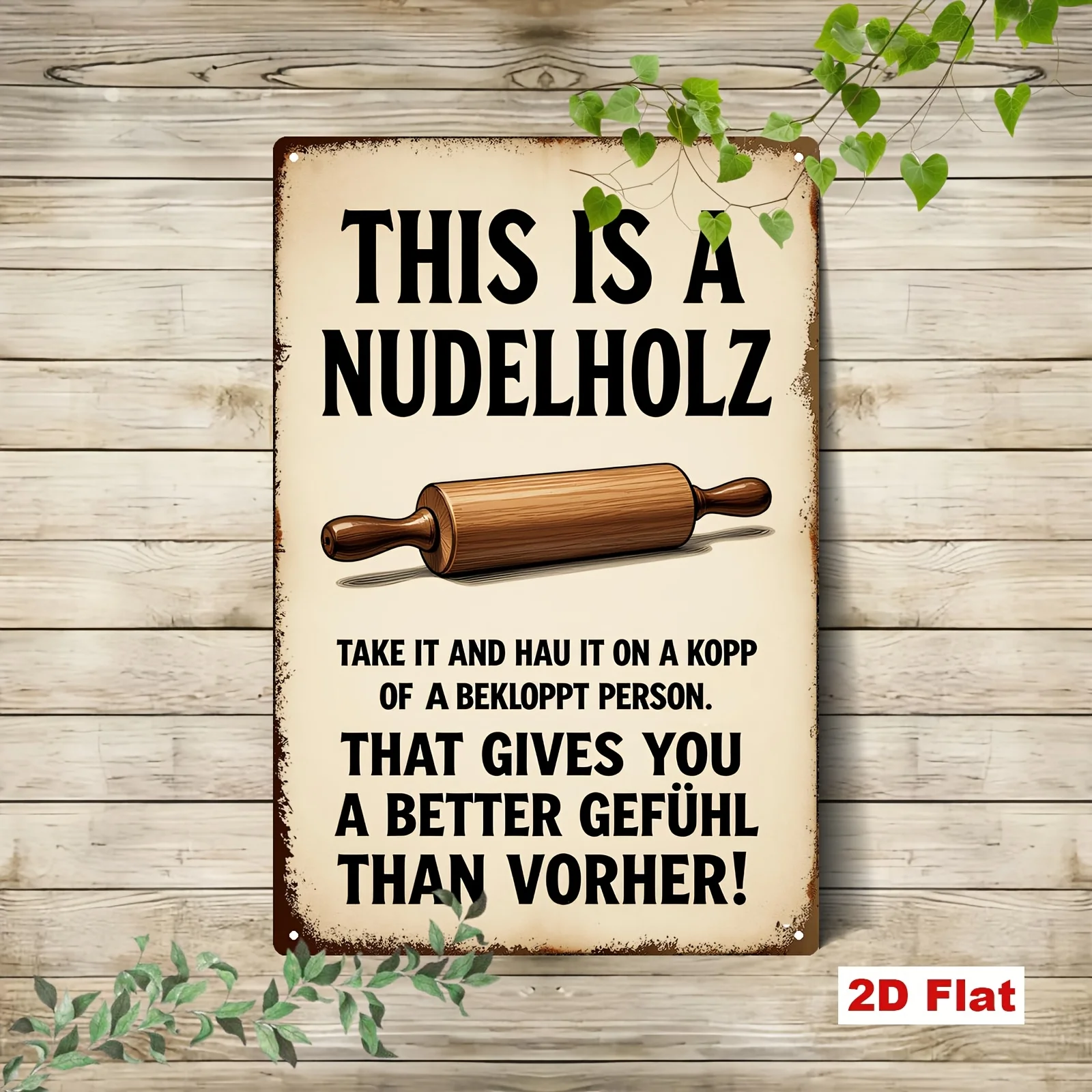 2D Flat - 1pc Vintage German Humor Nudelholz Roll Metal Sign with Noodle Log & German Phrase - Funny Kitchen Wall Art Suitable f