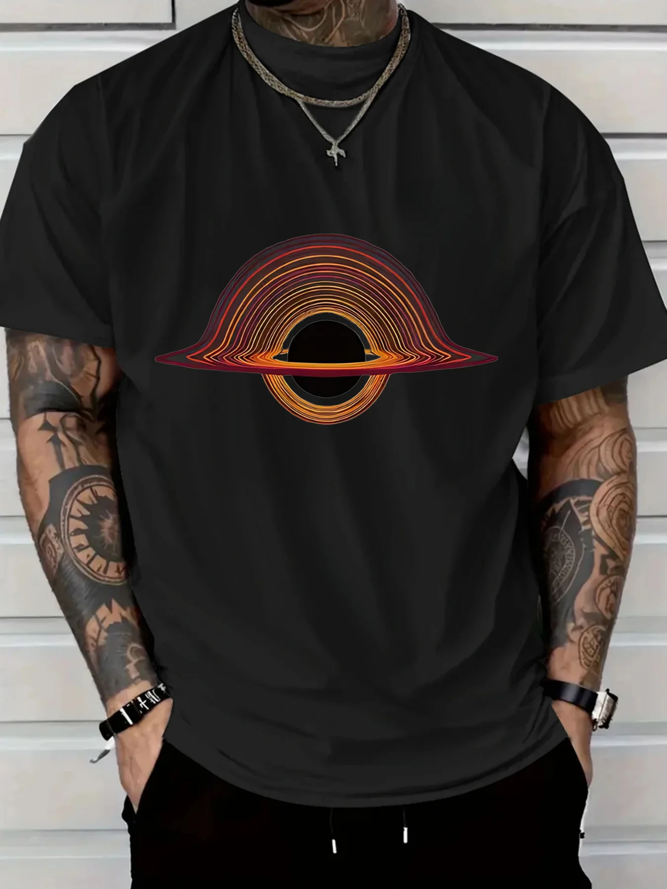 

Black Hole for galaxy Design with Colorful Rings Graphic T-Shirt 100% Cotton O-Neck Short Sleeve Summer Casual Mens T-shirt