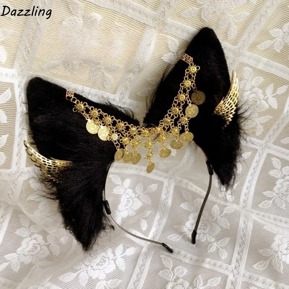 

Golden Wings Cosplay Anubis Headband Plush Tassel Animal Ears Hairband Alloy Gothic Egypt Style Headwear Hair Styling Accessory