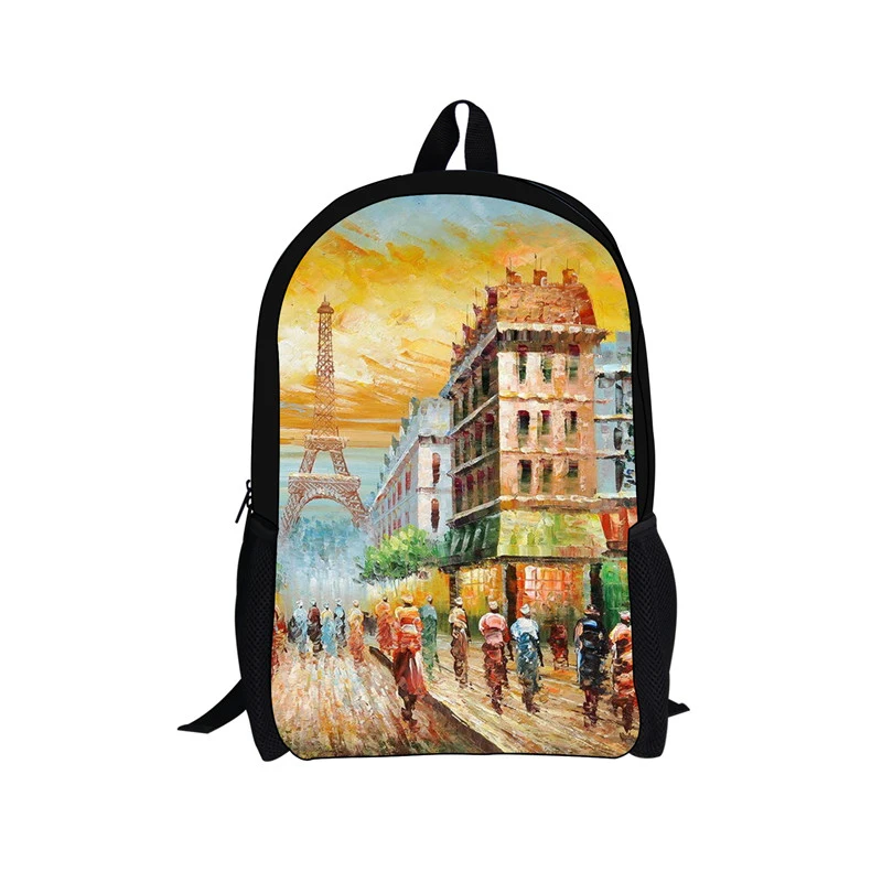 Parijs Eiffel Toren Print Schooltas 16 Inch Kinder Rugzakken Vintage Poster Kinderen Tieners Boek Tas Voor Meisjes Vrouwen Rugzak