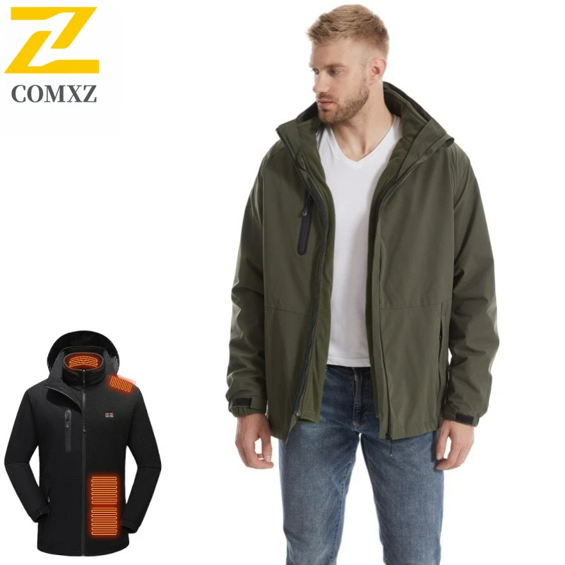 COMXZ cortavientos con calefacción inteligente de 15 zonas para hombre, chaqueta térmica de lana 3 en 1, abrigo impermeable con calefacción USB para invierno, caza en nieve y tiro con arco ​