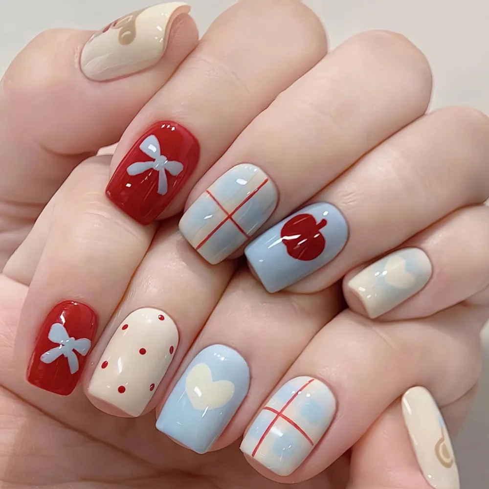 24pcs Cartoon Bear Press on Nails Sweet Love Bow apple Printed Fake Nail Tips for Girl Women Wearable Korean Cute False Nails