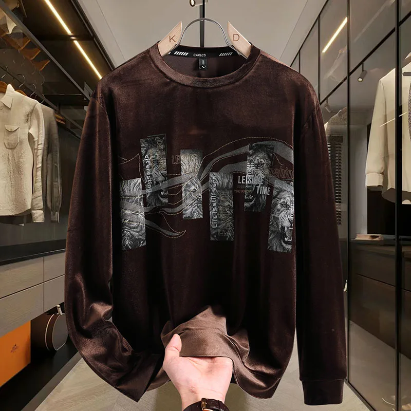 Autumn Golden Velvet Bottoming Shirt for Men Luxurious Hot Stamping Slim Casual Round Neck T-shirts Social Nightclub Streetwear