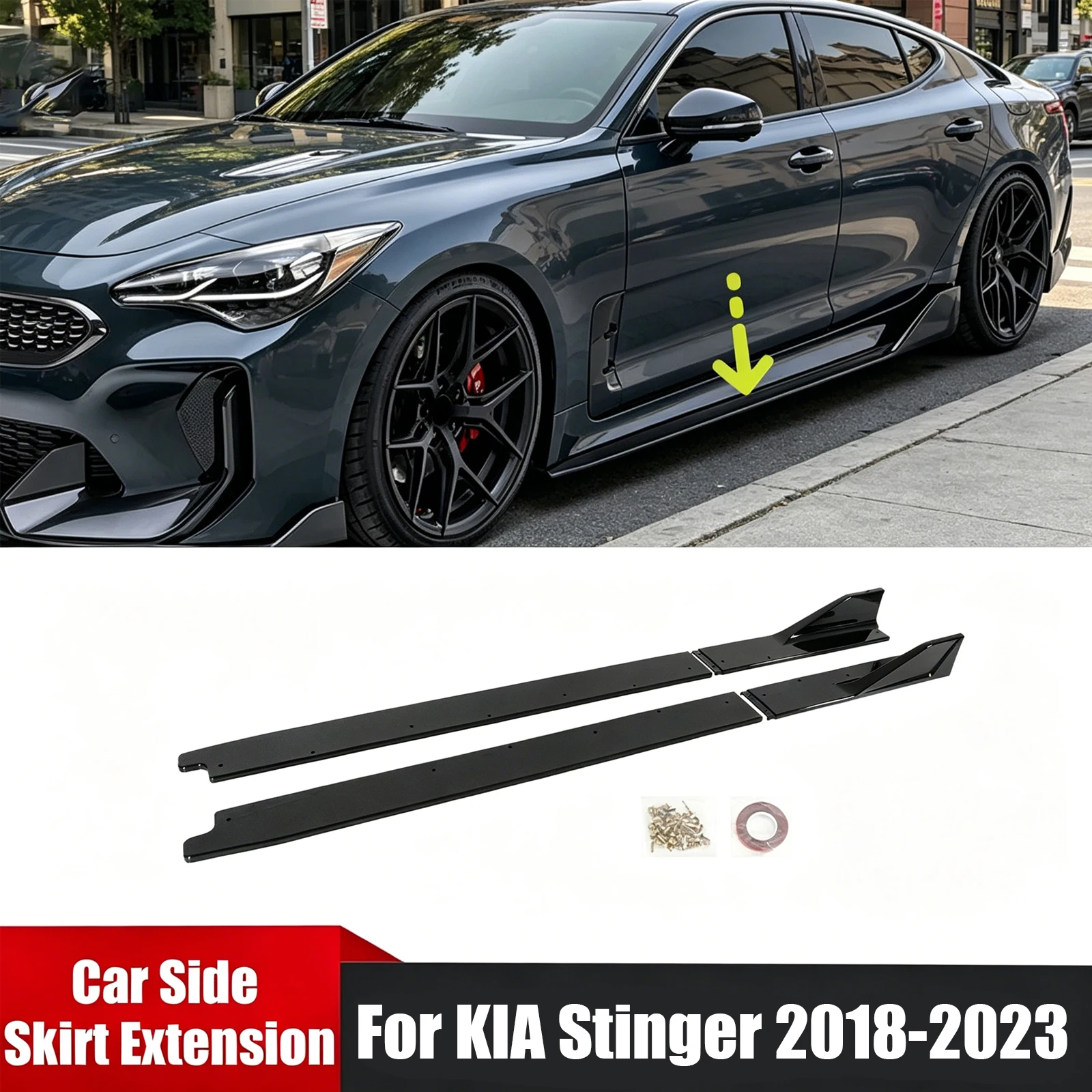 For KIA Stinger 2018-2023 A Pair Car Side Skirt Extension Spoiler Splitter Glossy Black Carbon Fiber Style ABS Plastic Body Kits