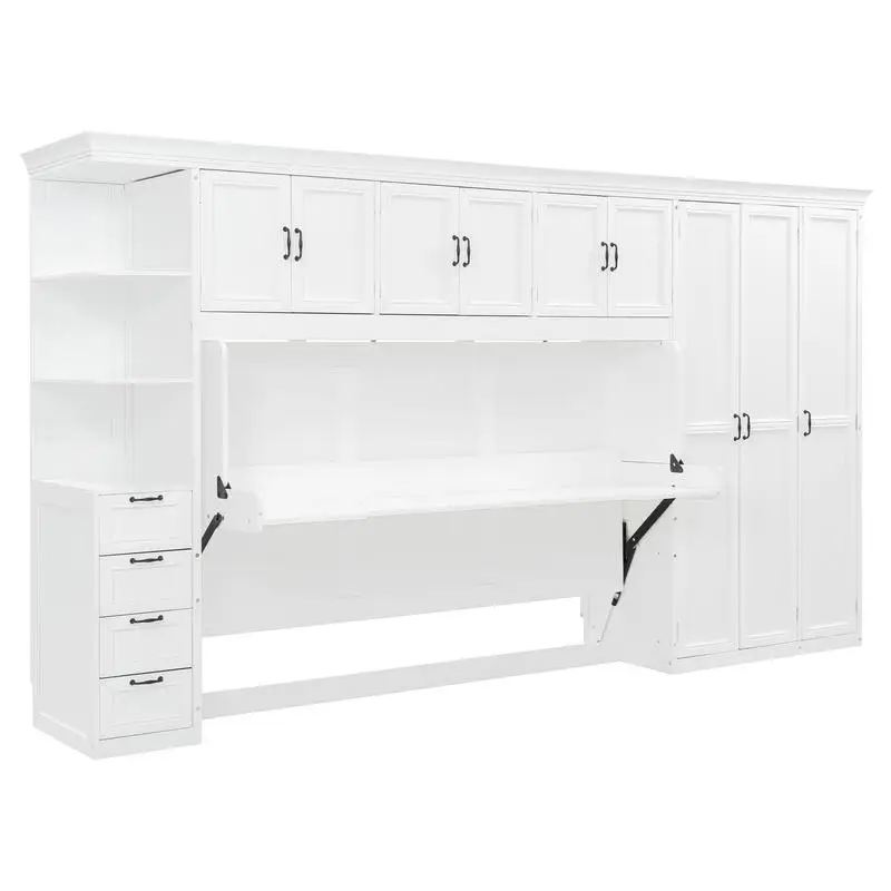 سرير حائط مزدوج ميرفي مع خزانة ملابس وخزانة ومكتب، لمسة نهائية بيضاء #5