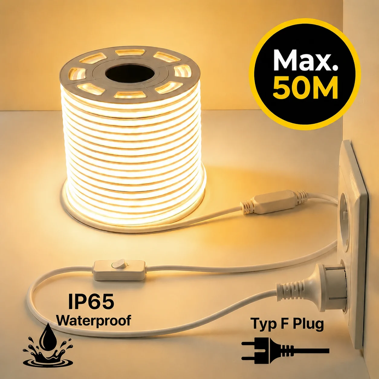 Image of SETONR AC 220V-230V COB LED-Lichtleisten, 288 LEDs/m, flexibles LED-Band mit hoher Helligkeit, mit EU-Stecker und Schalter, selbstklebend für Küche, Wohnzimmer, Schlafzimmer, Garten und Heimdekoration