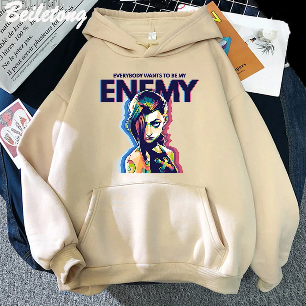 Jinx Arcane Anime Hoodie ENEMY Graphic Printed Hooded Men Casual Loose Sweatshirts High Quality Winter Warm Streetwears Clothing