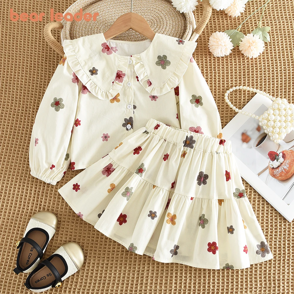 Bera Leader 2026 New Spring and Autum Girls' Set Two Piece Bow Full Print Long Sleeved Doll Neck Top Hundred Pleated Short Skirt