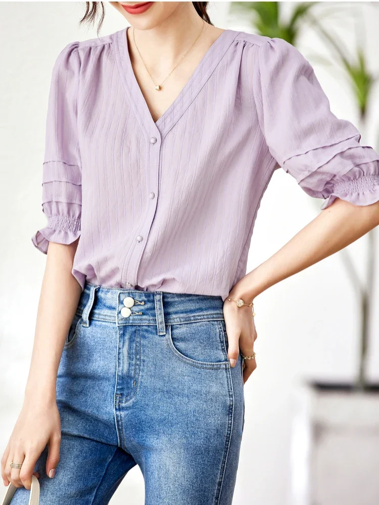 Vimly Elegant Summer Shirts & Blouses for Women V Neck Purple Fashion 2023 New Puff Sleeves Female Tops Straight Tops Clothing