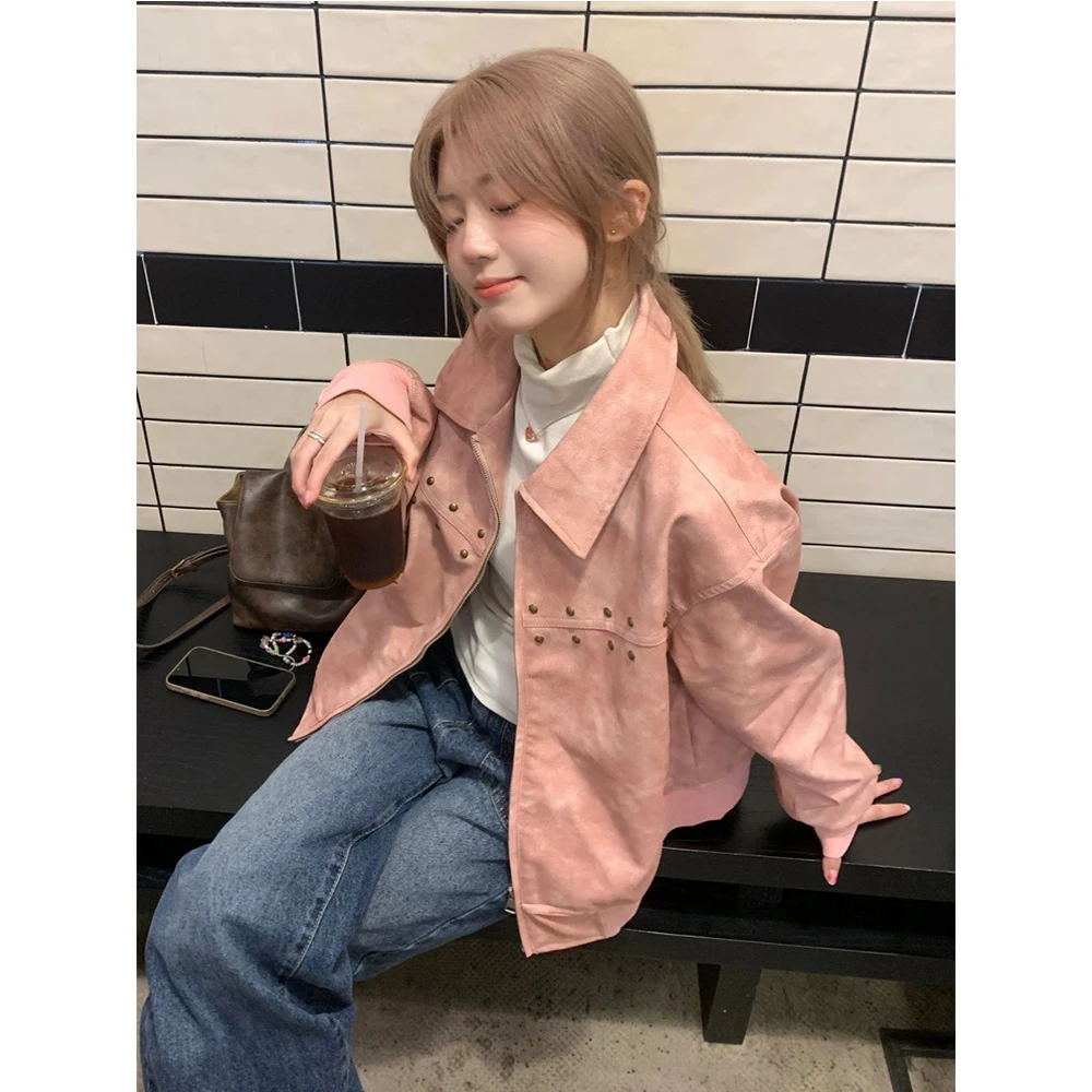 

Women Fashion Pink Pu Jackets Rivet Turn Down Collar One Breasted Long Sleeve Short Coat Spring Female Versatile Commute Wearing