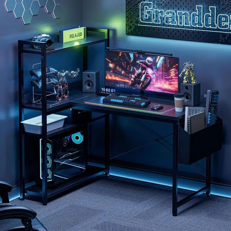 40 Inch L Shaped Computer Desk with Reversible Storage Shelves, Home Office Corner Desk Study Writing Table with Hutch, Study, B