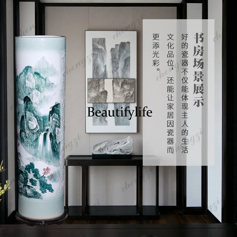 Jingdezhen ceramic large vase living room floor quiver company opened hotel decoration ornament straight large