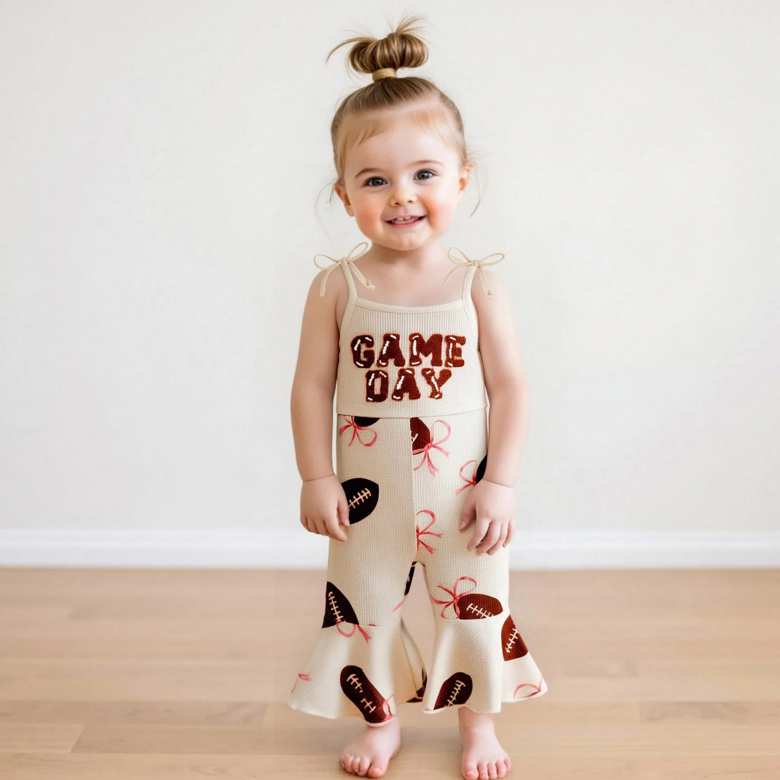 

Toddler Baby Girls Bell Bottom Jumpsuit Letter Embroidery Rugby Print Sleeveless Tie Up Strap Overalls