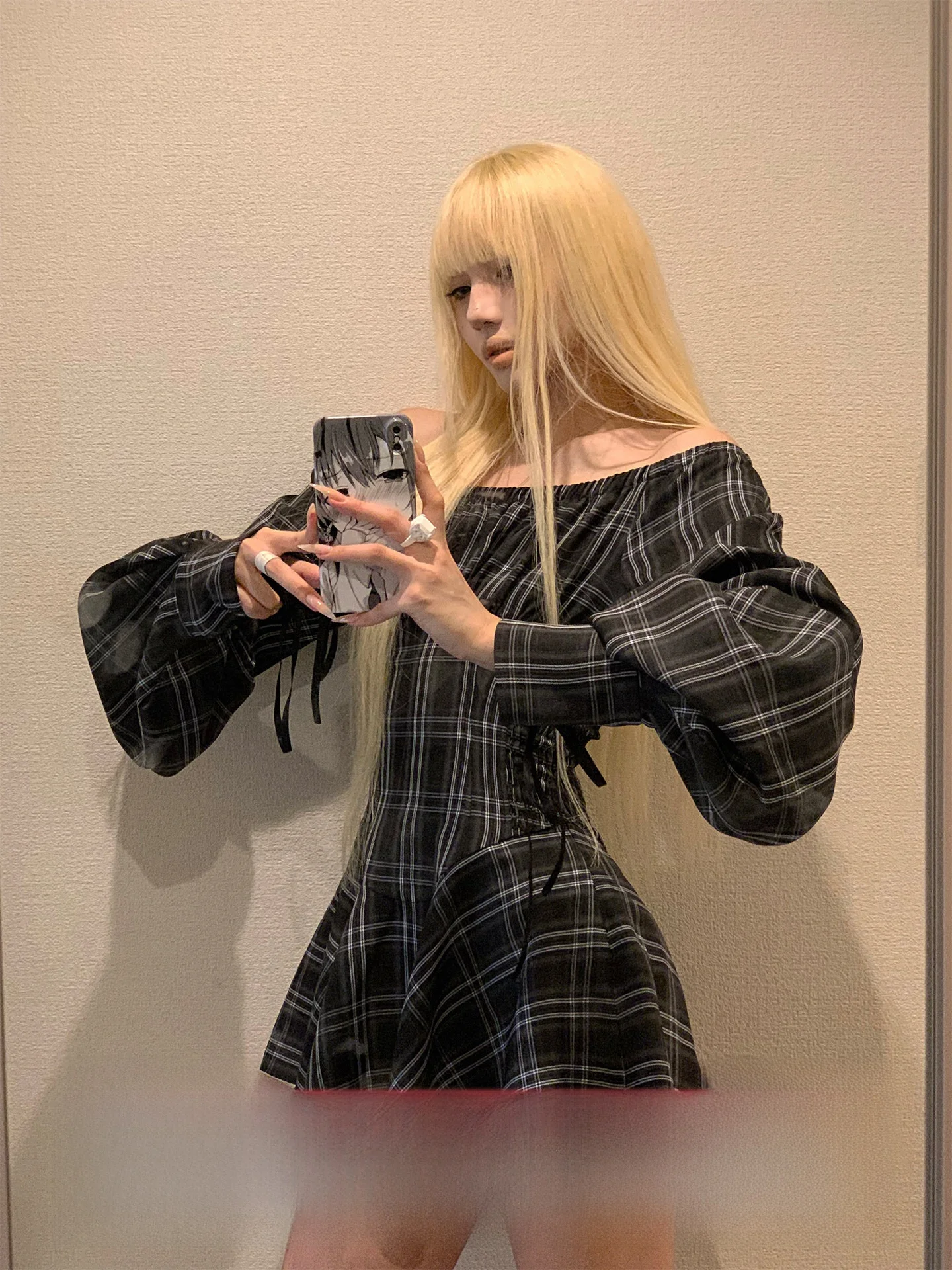 

Rase Le Sol Magic Apprentice Plaid One-oulder Waist-Cinching Long Sve ort Dr Women's Faion Summer Dr