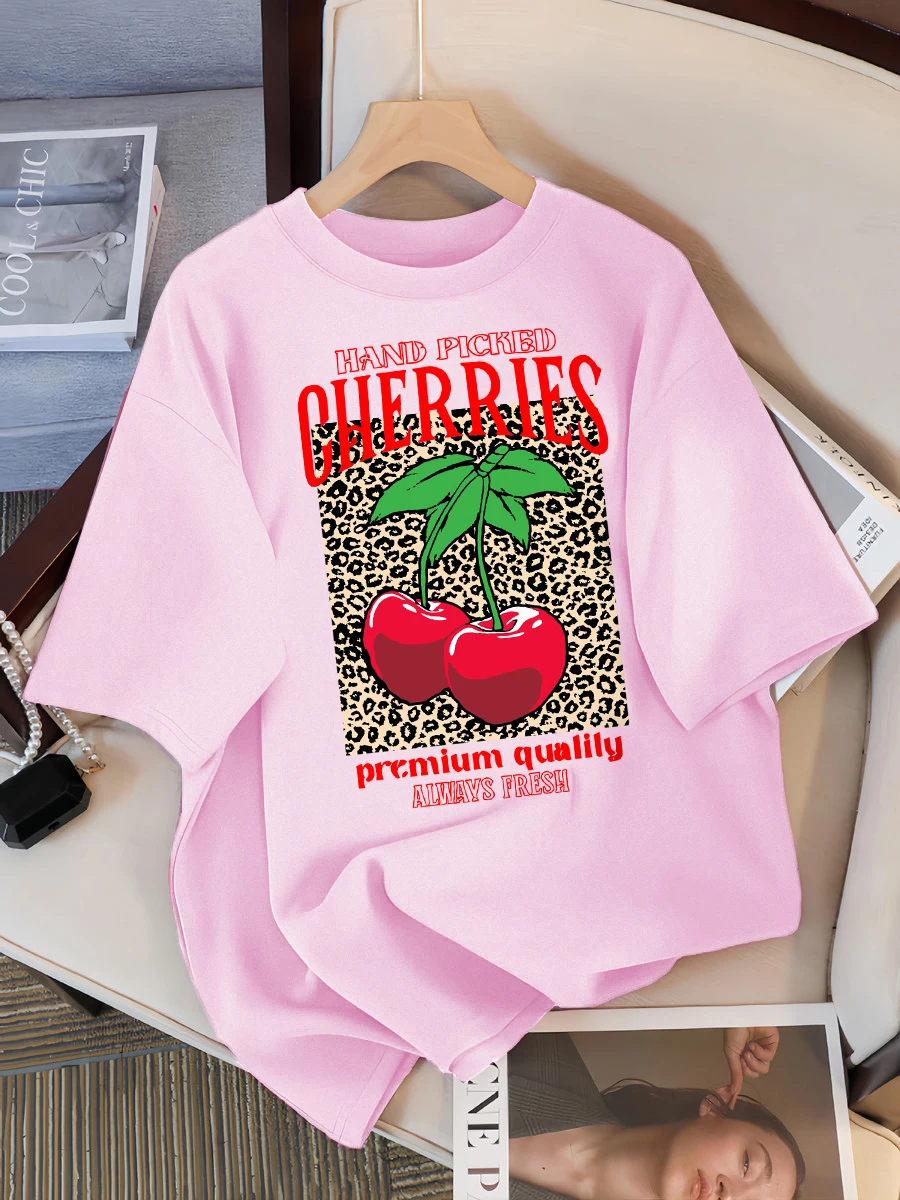 Handgeplukte kersen altijd verse afdrukken T-shirt dames ronde hals T-shirts zomer losse kleding veelkleurige korte mouw