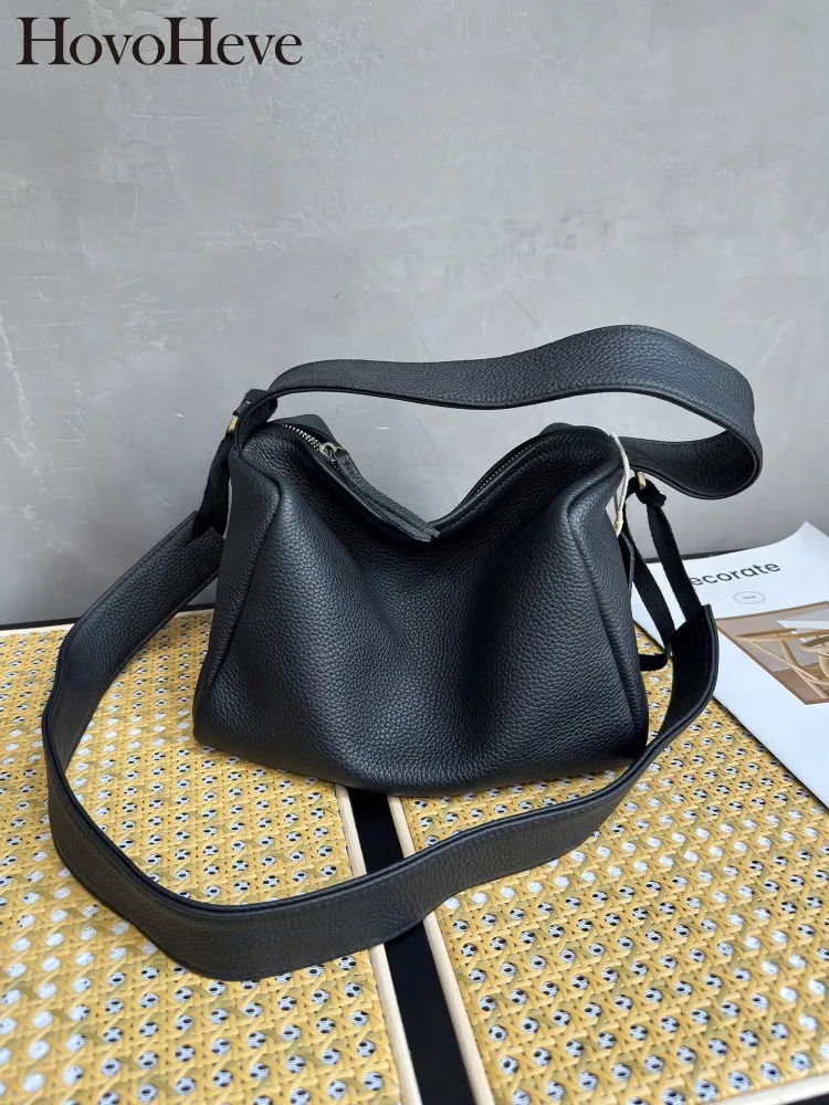 Fashion Leisure Ladies Zipper Cowhide Bowling Bag New Womens Soft Real Leather Shoulder Bags Solid Color Strap Crossbody Bags
