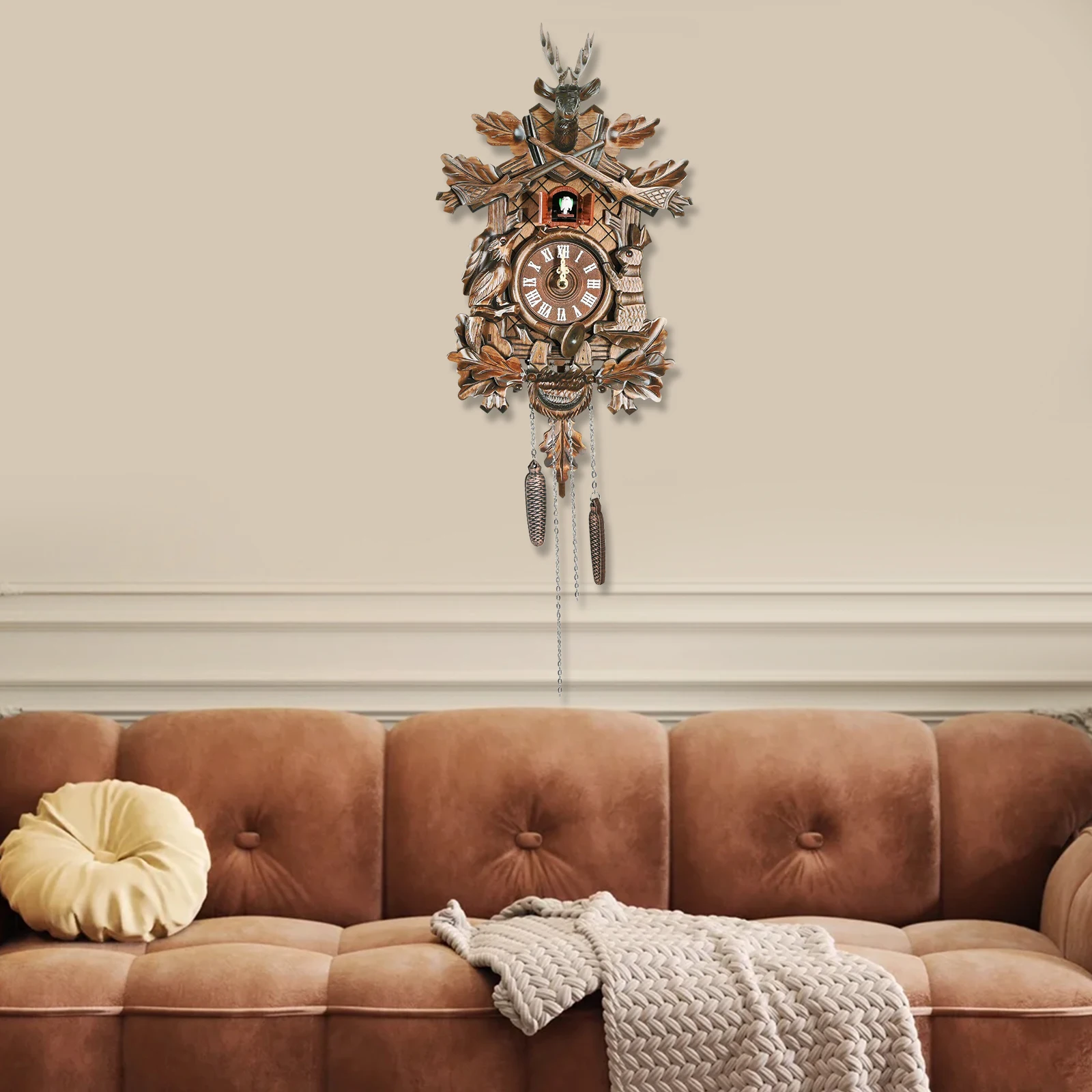 

Cuckoo Vintage Wooden Wall Clock with A Built-in Night Silencer for Installing in Living Room, Parlor, Study Room, Coffee Shop
